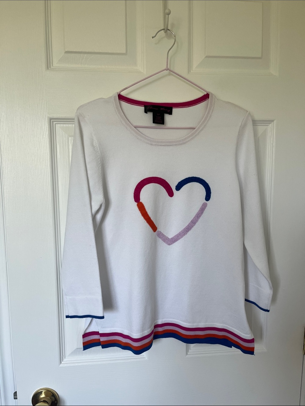 Elena  Wang Heart-Print Long Sleeve Top with Multicolor Trim